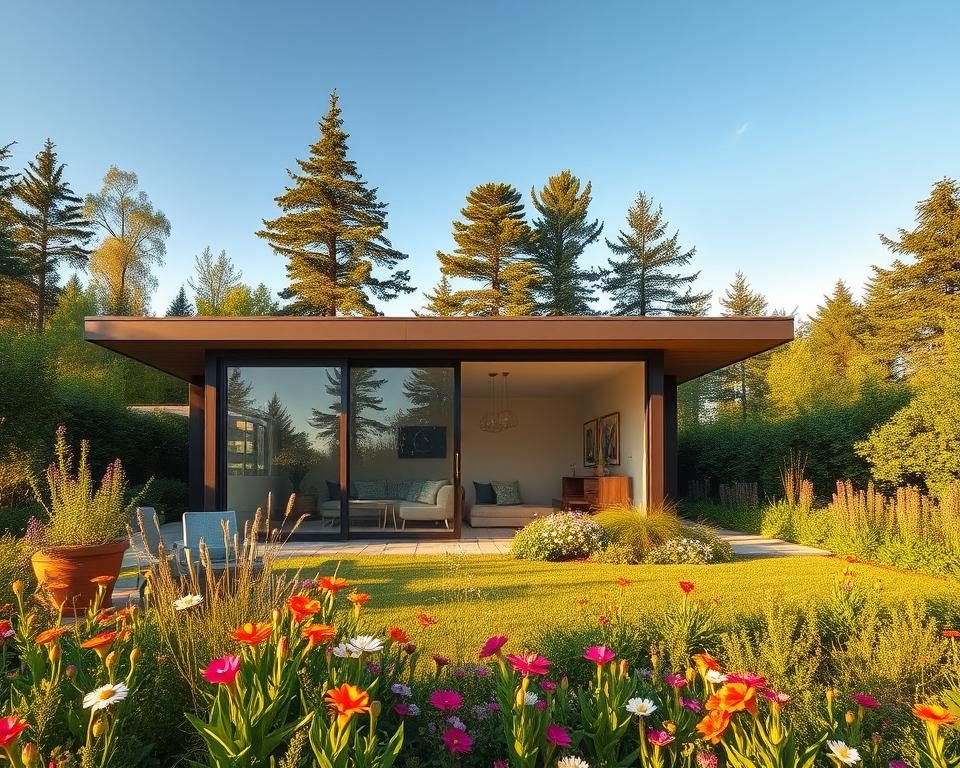 Gartenbungalow mit Glas-Schiebetüren Gartenbungalow mit Glas-Schiebetüren